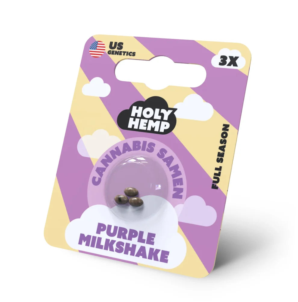 Purple Milkshake Hanfsamen Verpackung Vorderseite – Holy Hemp US Genetics, Full Season, 3 Samen sichtbar, lila-gelbes Design