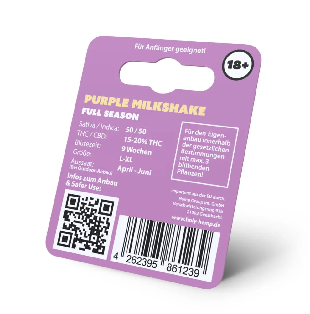 Purple Milkshake Hanfsamen Verpackung Rückseite – technische Daten: 50/50, 15-20% THC, 9 Wochen Blüte, L-XL