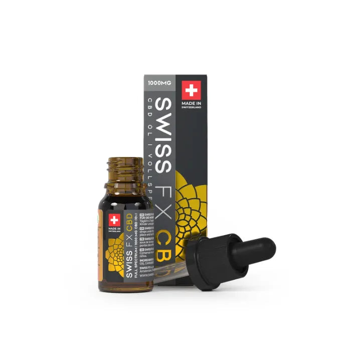 Swiss FX CBD Pure Öl 10% mit 1.000 mg CBD, offene 10-ml-Flasche mit abgelegter Pipette vor der Faltschachtel