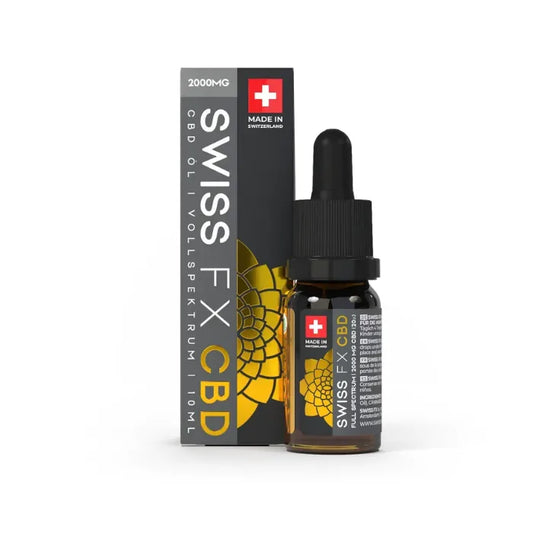 Swiss FX Vollspektrum CBD Öl 20% mit 2.000 mg CBD, 10-ml-Braunglasflasche mit Pipette vor der Faltschachtel Made in Switzerland