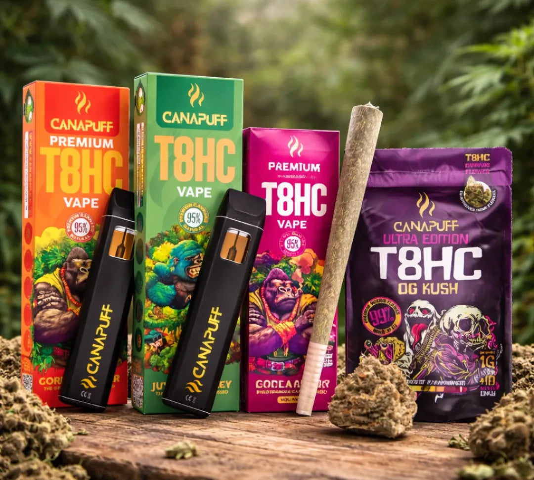 T8HC Vape und Blüten kaufen - Canapuff Gorilla Power, Jungle Monkey, Pre-Roll und OG Kush Cannabisblüten