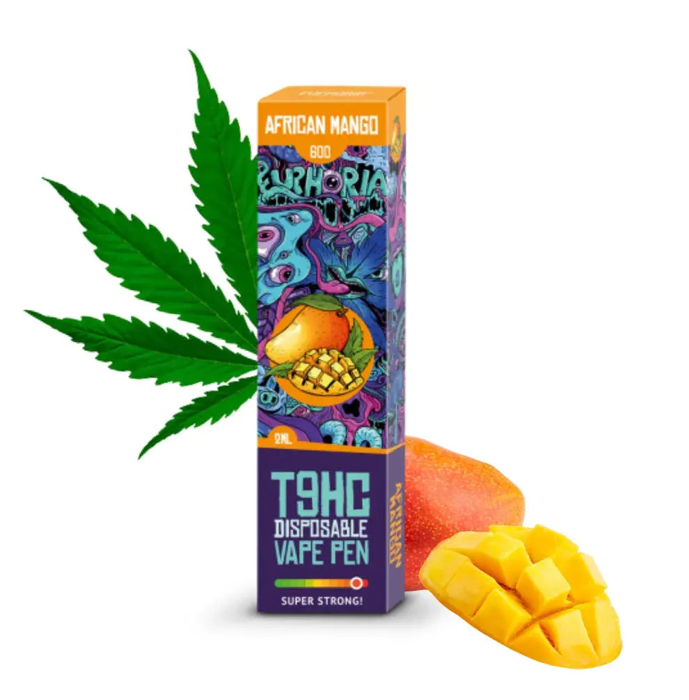 Euphoria T9HC Vape Pen African Mango Verpackung – orangefarbenes Design mit Mango-Illustration, T9HC Disposable Vape Pen, 2 ml, 600 Züge
