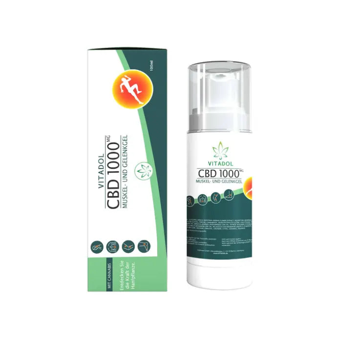 Vitadol CBD Gel mit 1000 mg CBD, 100-ml-Pumpspender mit durchsichtiger Kappe neben der grün-weißen Faltschachtel
