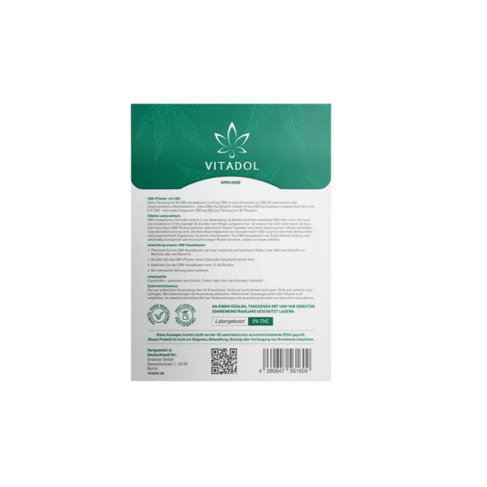 Vitadol CBD-Pflaster mit 360 mg CBD, rückseite mit Hinweis und Anwendung