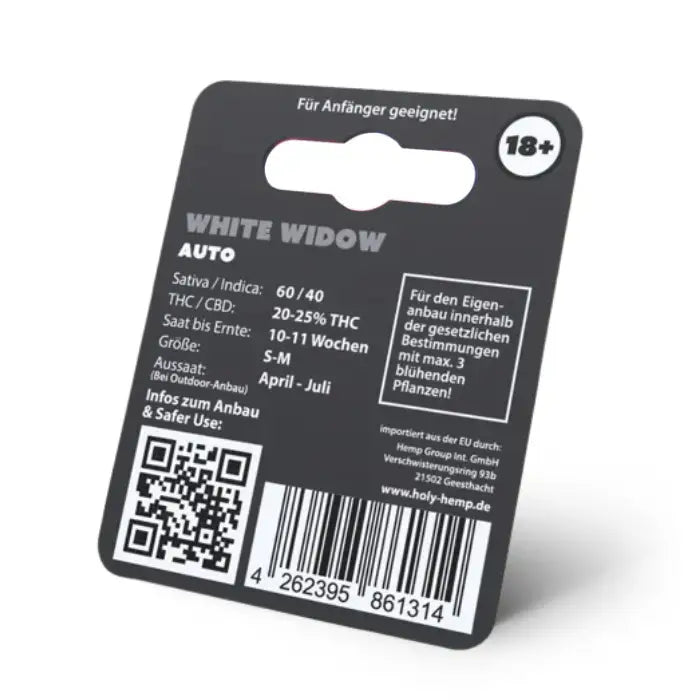 White Widow Auto Samen Verpackung Rückseite mit Anbauinfos und QR-Code, Holy Hemp