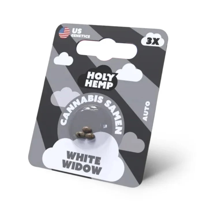 White Widow Automatic Cannabissamen von Holy Hemp, Verpackung mit 3 Samen, Vorderseite